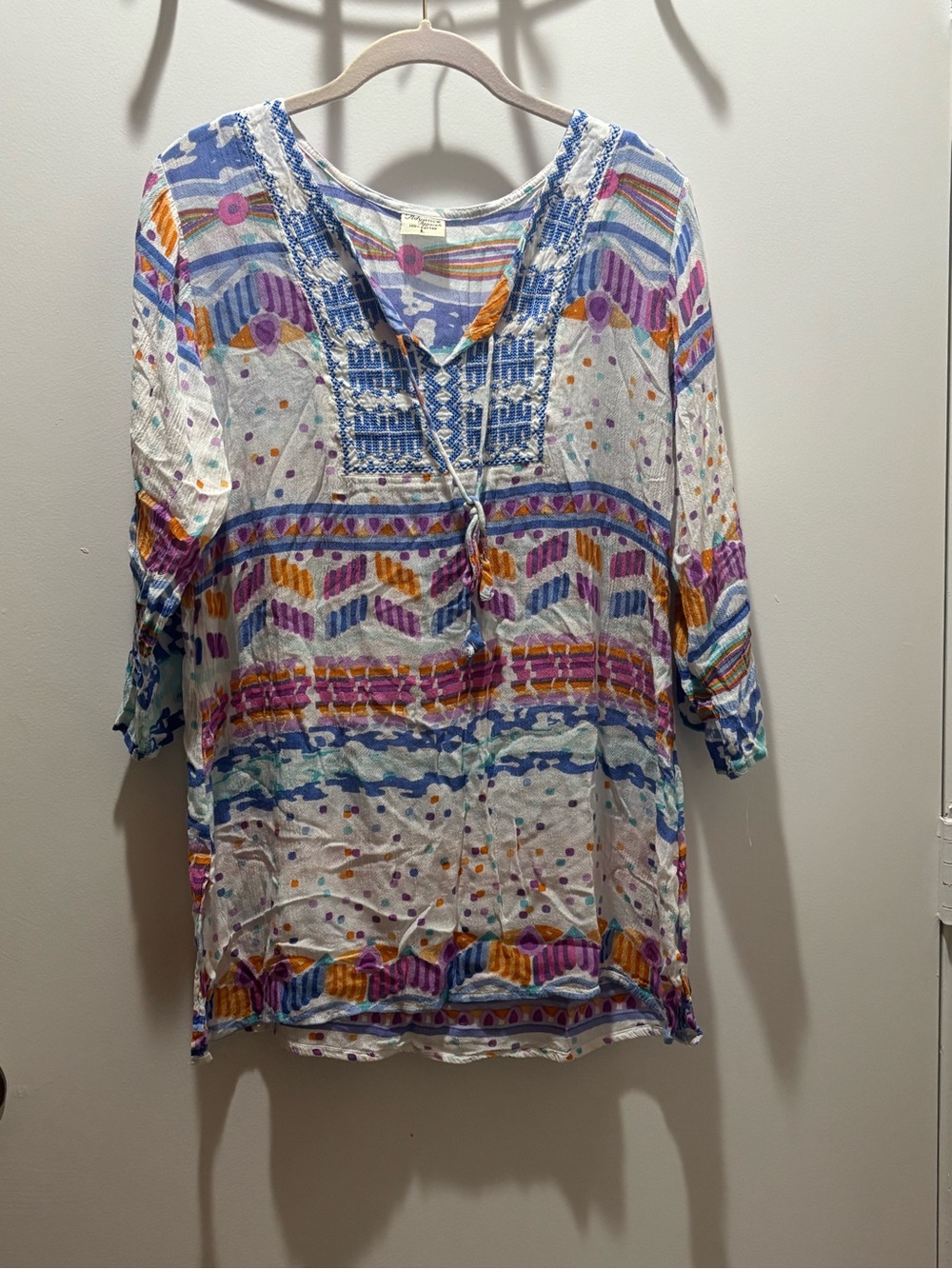 Advance Apparel Boho Top- Multicolor Print, Embroidered Neckline